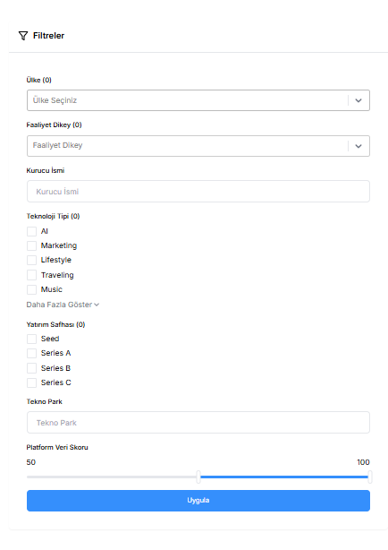 Startup Arama & Filtreleme